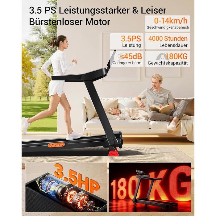 Бігова доріжка для дому LONTEK: складана, з нахилом 16%, швидкість до 14 км/год, мотор 3.5 к.с., пульсометр, LED-дисплей, макс. навантаження 180 кг, чорна