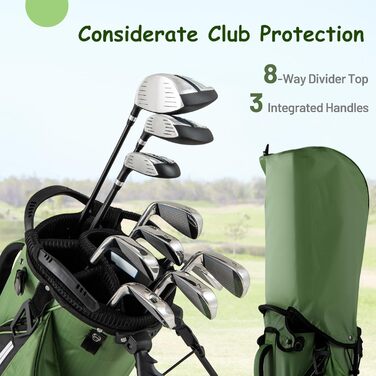 LIFEZEAL Гольф сумка: легка, з 8 верхніми відділеннями, 5 кишенями на блискавці, тримач для парасольки, водонепроникний захист та регульований плечовий ремінь для жінок та чоловіків (Зелена)