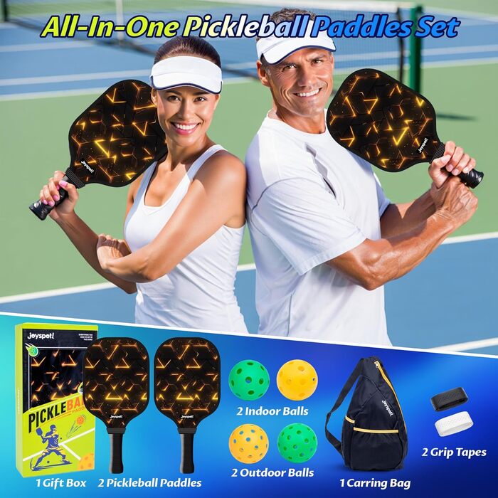 Набір для піклболу JOY SPOT! 2 ракетки + 4 м'ячі + сумка – Легкі ракетки з скловолокном для чоловіків, жінок та початківців – Для гри в приміщенні та на вулиці (Lava)