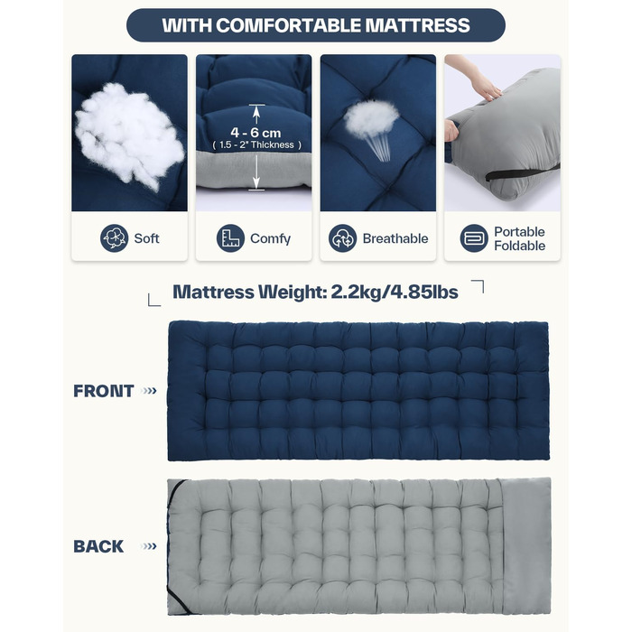 Розкладне ліжко Sportneer з матрацом: для кемпінгу, відпочинку на природі та дому (200x81x47 см, сірий)