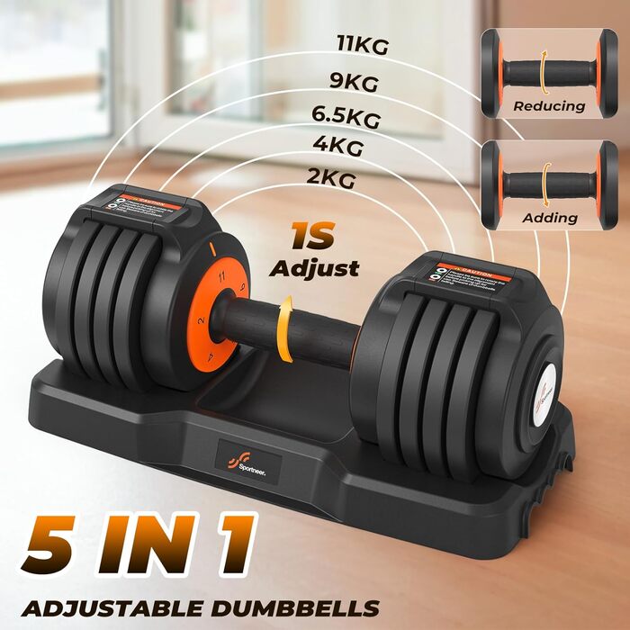 Sportneer Регульовані гантелі 2 шт. - набір, 5-в-1 (2/4/6.5/9/11 кг), обладнання для фітнесу вдома з антиковзним покриттям, набір регульованих гантелей для чоловіків та жінок 11 кг x2
