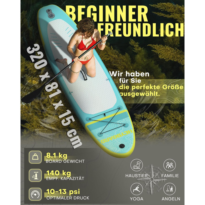 Надувна SUP-дошка HEYBOARD 320x81x15 см з веслом, насосом, рюкзаком та лішем для сап-серфінгу та водного спорту, фібергласове весло