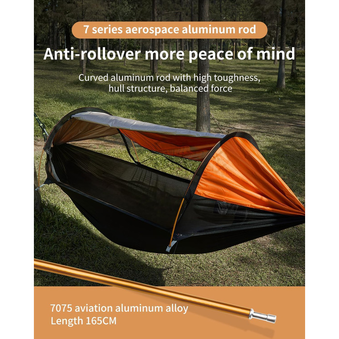 Гамак-намет Travel Bird з москітною сіткою та сонцезахистом, 290x140 см, великий простір, багатофункціональний, легкий, з ременями для кріплення до дерева, підходить для кемпінгу та відпочинку на природі (зелений/помаранчевий)