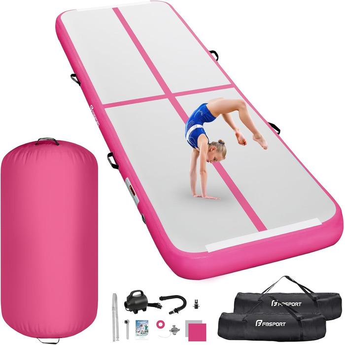 FBSPORT Килимок для гімнастики та йоги надувний, 400x100x10 см (рожевий) з ролею 100x60 см, 10 см товщини