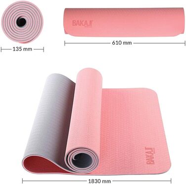 Йога мат BAJAJI: двошарова, неслизька, для фітнесу, тренувань, фітнес-клубу, 180x61 см з сумкою (рожевий/сірий)