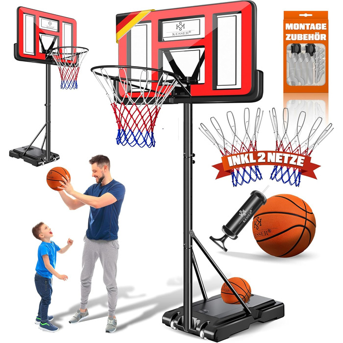 Баскетбольний кошик KESSER® Outdoor зі стійкою та колесами. В комплекті: 2 сітки, м'яч та насос. Регульована висота 230-305 см. Підходить для дітей та дорослих (червоний)