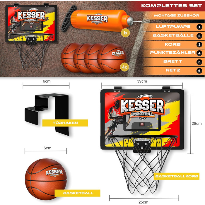 Міні-баскетбольний кошик KESSER® для дому та офісу | Баскетбольний кошик на двері | Ігровий кошик для дитячої кімнати | Баскетбольне кільце з м'ячем та насосом