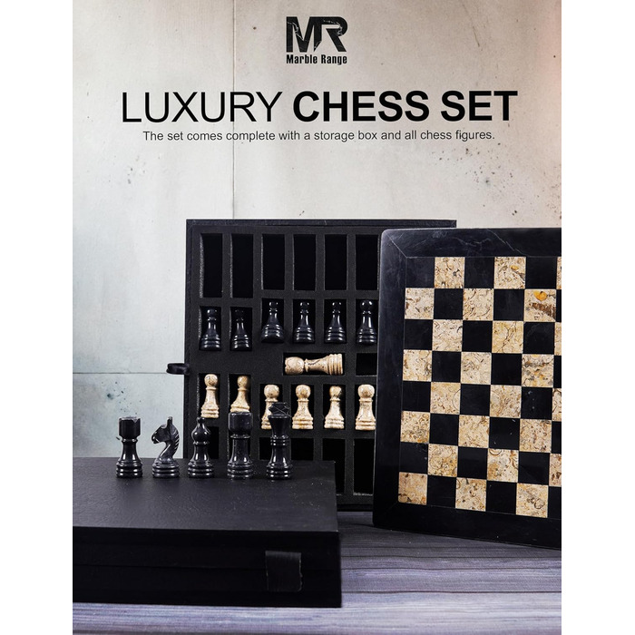 Шаховий набір з мармуру для дорослих, ручної роботи, 32 фігури, 2 додаткові королеви, коробка для зберігання, розкішний подарунок, елегантний декор (чорний & кораловий)