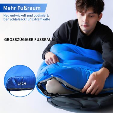 Сплячий мішок пуховий, 4-сезонний, зимовий -3°C до -20°C. Підходить для кемпінгу, походів та відпочинку на природі для дорослих та дітей. Чорний та блакитний кольори.