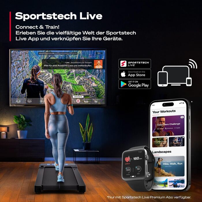 Sportstech Walking Pad: біговий килимок для дому та офісу, регулювання нахилу до 19%, LED-дисплей, компактний, тихий, з App, sPad500/1000