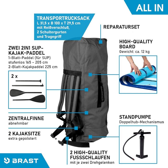 Надувна SUP-дошка BRAST Family XXL 370x87x15 см, комплект для сім'ї до 210 кг, з аксесуарами: 2 каяк-сидіння, 2 педалі, 2 весла, насос, рюкзак