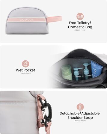 Спортивна сумка LOVEVOOK для жінок: водонепроникна дорожня сумка-мішок, 30L, сіра + рожевий ремінець