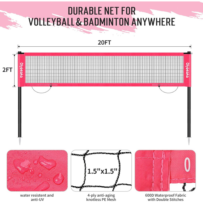 Набір для волейболу та бадмінтону вуличний 6м, регульовані стійки, міцне сітка, волейбольний м'яч PU, 2 ракетки алюмінієві рожеві