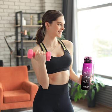 Спортивна пляшка 1л з маркуванням часу, фільтром, для газованої води, велосипеда, бігу, дорослих, 1000 мл, фіолетово-чорна