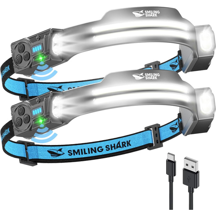 Налобний ліхтар Smiling Shark TS-2 LED, акумуляторний, 2400mAh, з регульованим подвійним променем, стробоскопом та датчиком руху. Ідеально для кемпінгу, бігу, піших прогулянок (2 шт.)