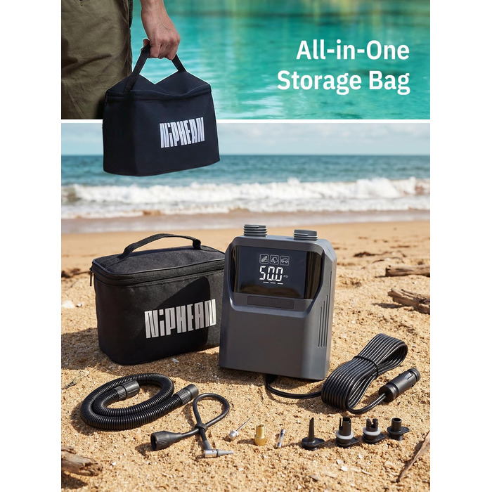 Електричний насос Niphean для SUP-дощок та автомобільних шин, 50 PSI, з подовженим кабелем зарядки 300 см та сумкою для зберігання