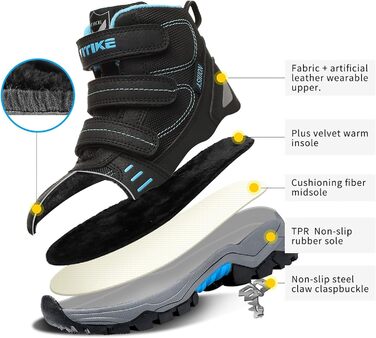VITIKE Зимові черевики для дітей (хлопчики/дівчатка) - теплі, водонепроникні, для снігу та трекінгу, 33 EU, чорно-синій