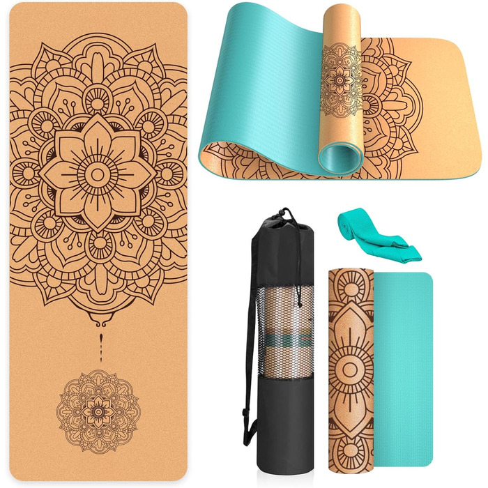 Килимок для йоги з корку – антиковзаючий, з унікальним дизайном мандали, з натурального каучуку TPE, для дому, фітнесу, пілатесу, аеробіки, з сумкою та ремінцем, блакитний