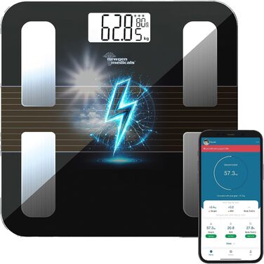 Вага Newgen Medicals: Розумна вага для тіла з сонячним акумулятором, вимірювання жиру, LCD-дисплей, до 180 кг (вага для тіла, фітнес-вага, вага для людей похилого віку)