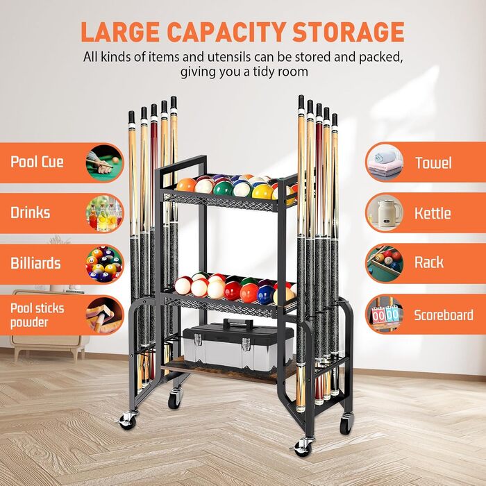 Стійка для більярду на 3 яруси для 10 київ, з 4 колесами (2 з гальмами), для більярдних кімнат, барів, клубів