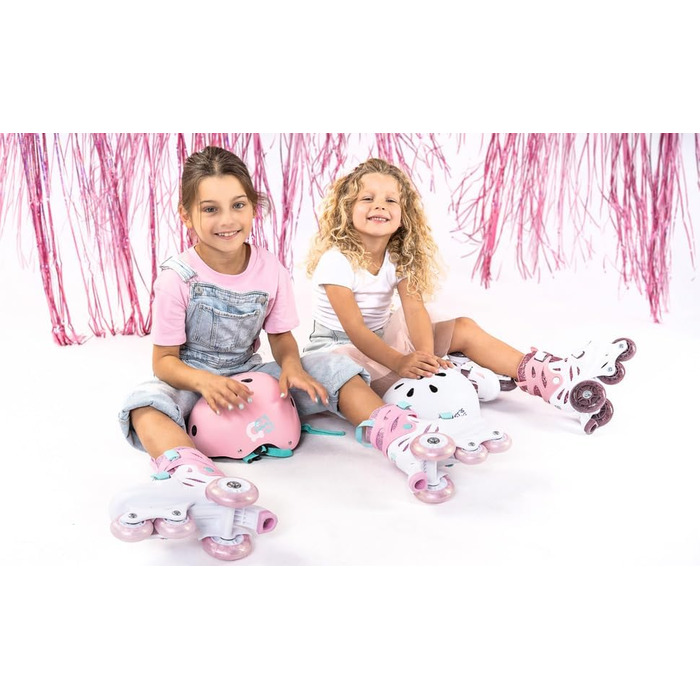 Роликові ковзани Cariboo для дітей, інлайнери для початківців, регульовані, 2 розміри, з навчальними колесами, рожеві, балетки (XS (26-30), рожево-м'ятні)