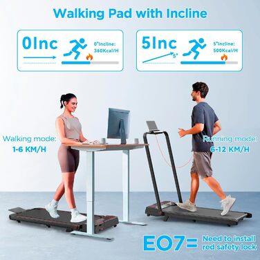 Бігова доріжка для дому та офісу 2-в-1 з регулюванням нахилу, Walking Pad 2.5HP, підстольна доріжка для ходьби, швидкість 1-12 км/год, з дистанційним керуванням, без встановлення