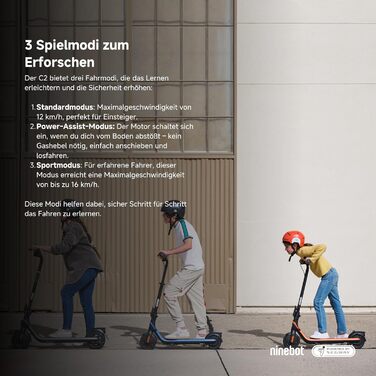 Дитячий електросамокат Segway-Ninebot C2 E, для дітей 6-12 років, до 16 км/год, 7-дюймові колеса, LED-підсвітка, складаний, чорний